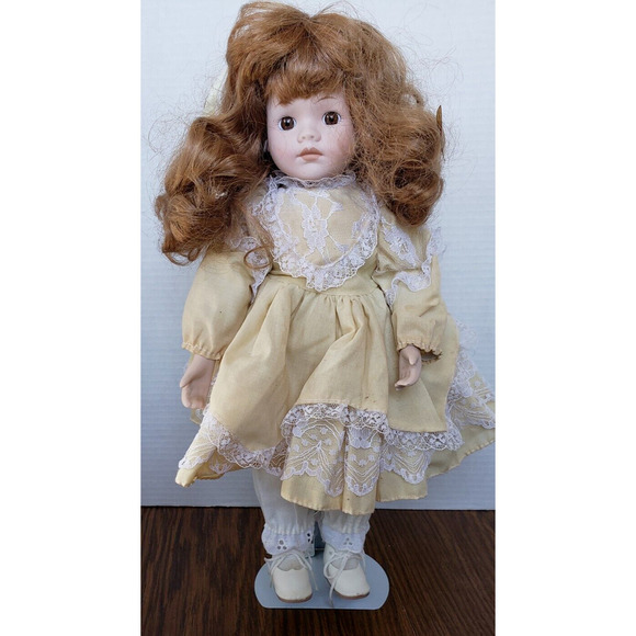 Brown Curly Haired Girl in Yellow Dress 16 Inch Porcelain Doll - Picture 1 of 8